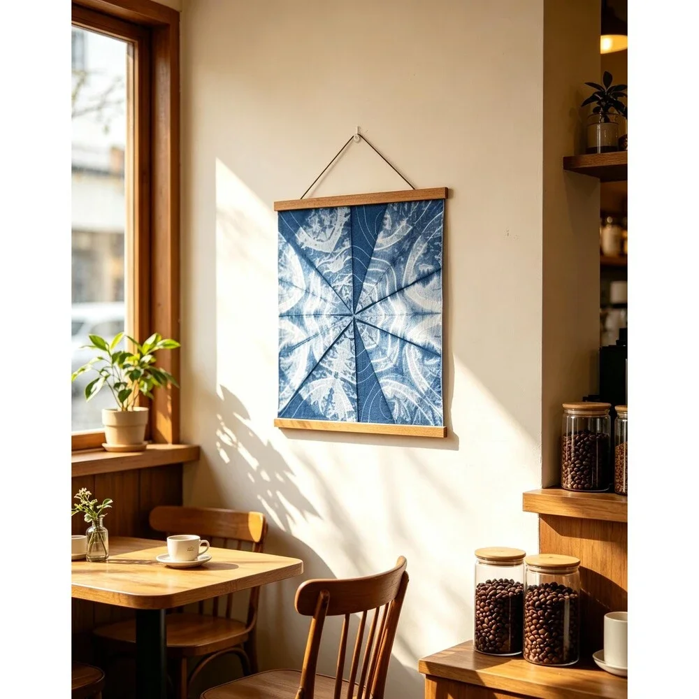 Eight-Pointed Star Indigo Shibori Wall Hanging, Handmade Geometric Textile Art